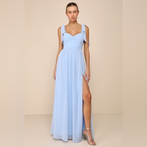 Lulus Radiant Charisma Light Blue Chiffon Ruched Tie-Strap Maxi Dress XL - Picture 1 of 7